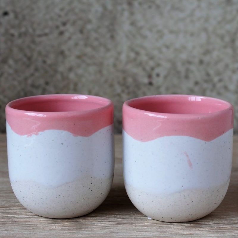 Set Of 2 Ceramic Cream & Pink Pot Planters