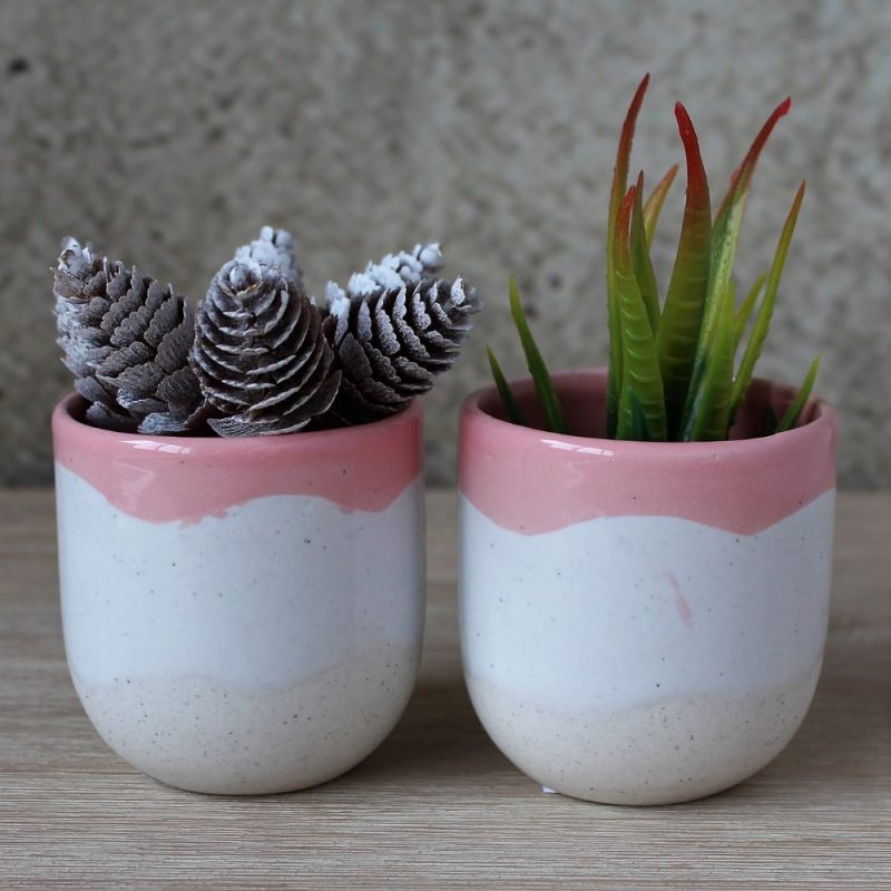 Set Of 2 Ceramic Cream & Pink Pot Planters