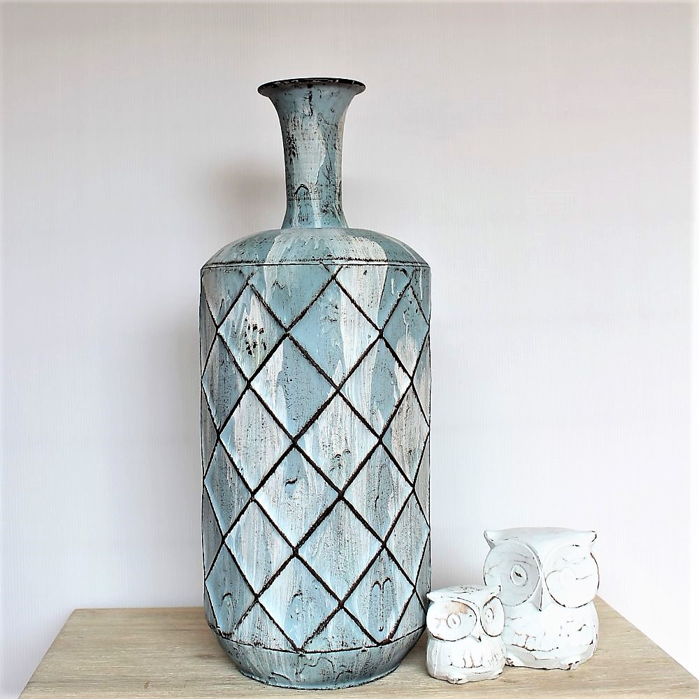 Tall Rustic White Blue Metal Floor Vase 36cm Modern Flower Display