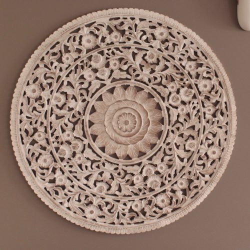Rustic White Wood Carved Floral Mandala Wall Panel