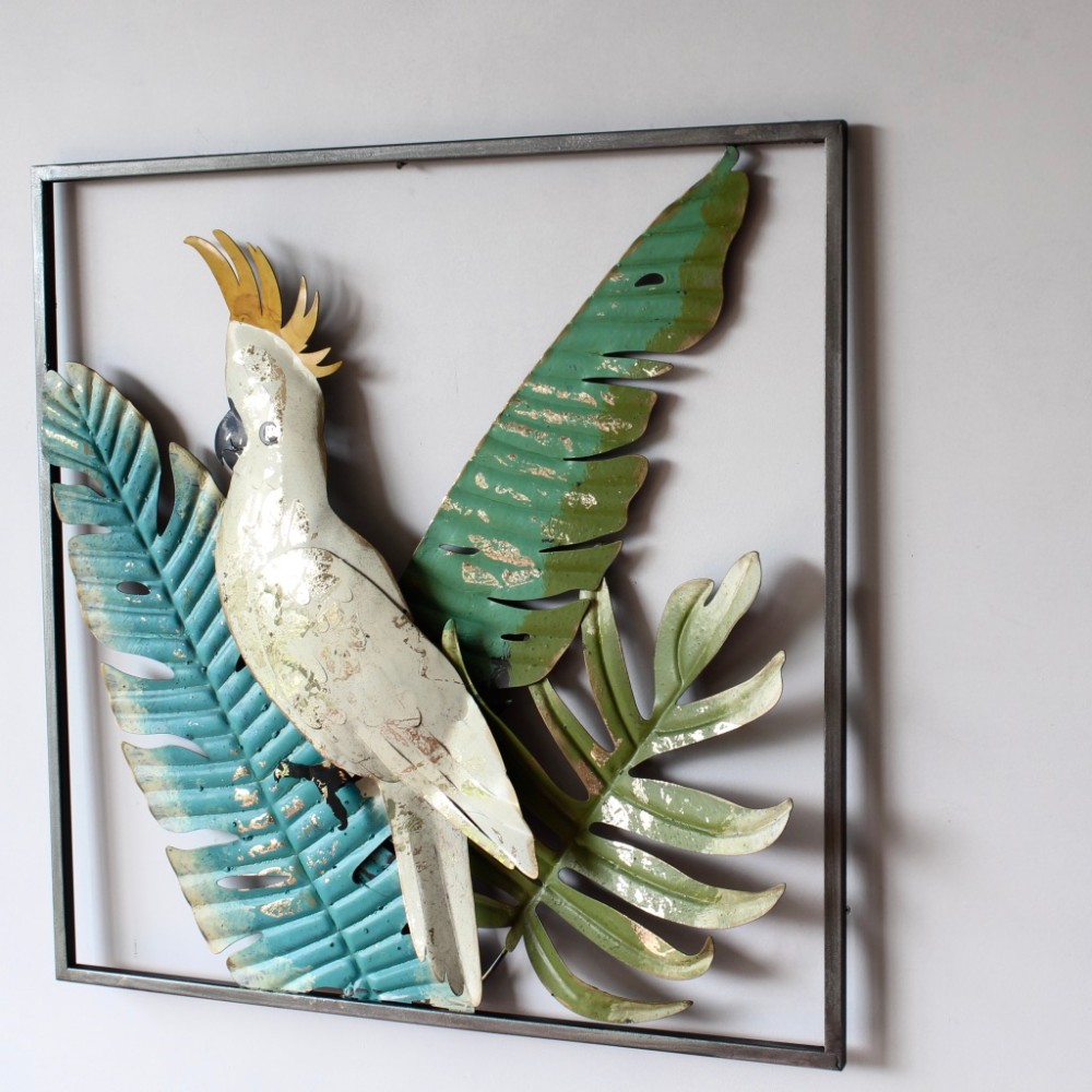 Vibrant Tropical Cockatoo Framed Metal Wall Art 50 Cm