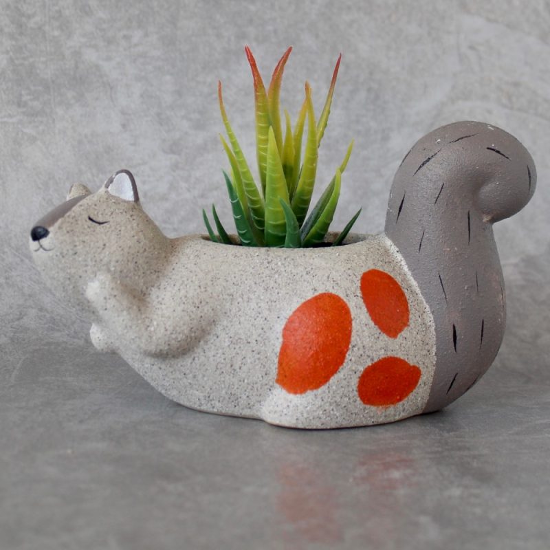 Beige and Orange Ceramic Sand Squirrel Pot Planter