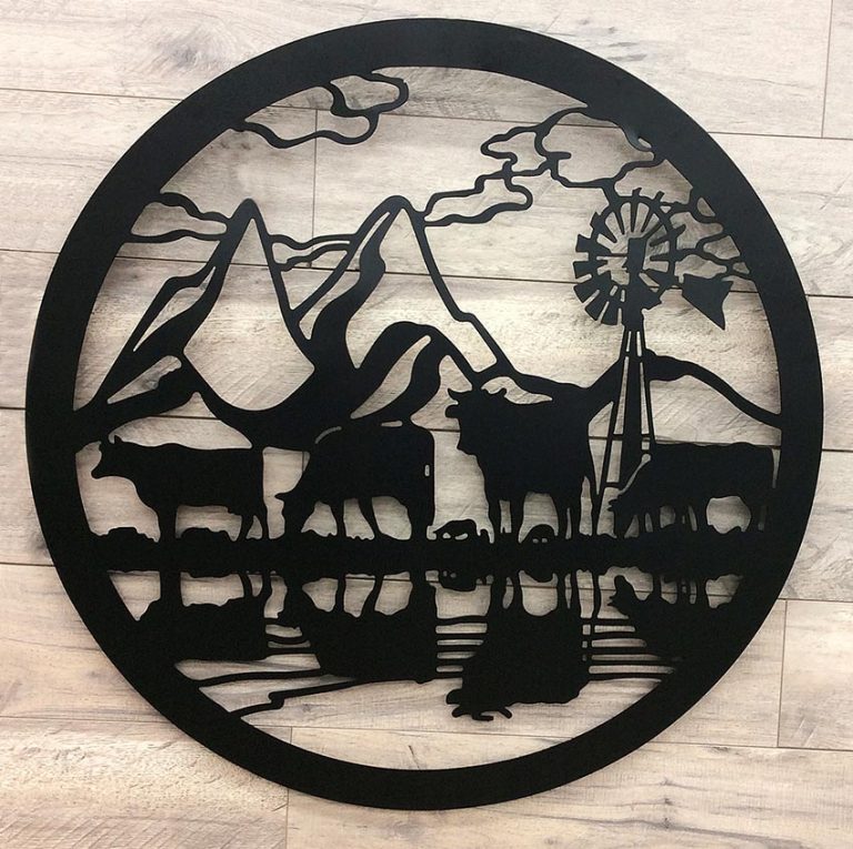 Cow Windmill Farmhouse Black Metal Wall Art