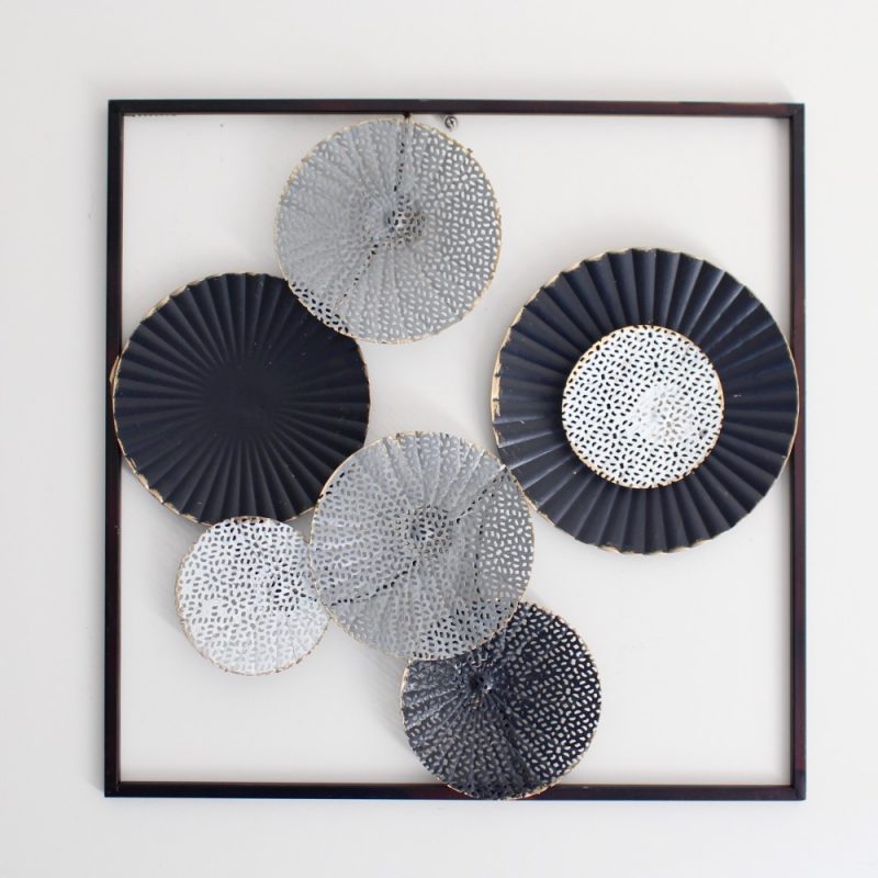 Black Abstract Monochrome Circles Framed Metal Wall Art