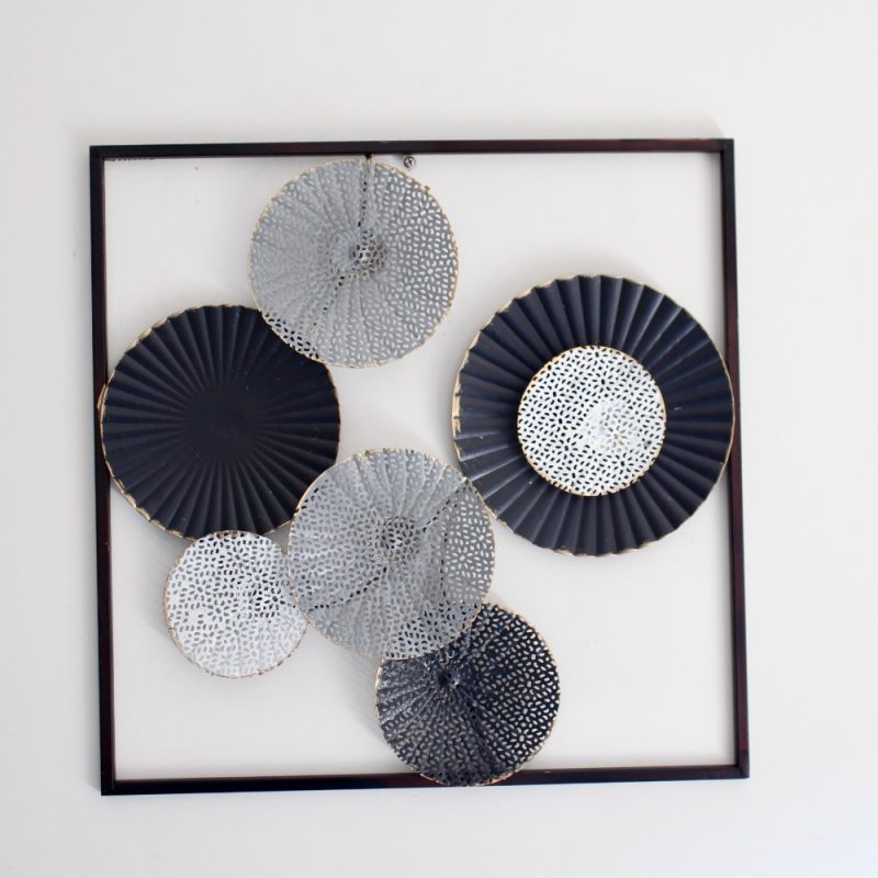 Black Abstract Monochrome Circles Framed Metal Wall Art