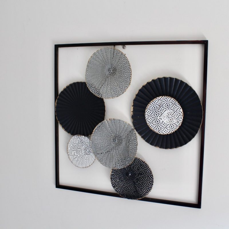 Black Abstract Monochrome Circles Framed Metal Wall Art