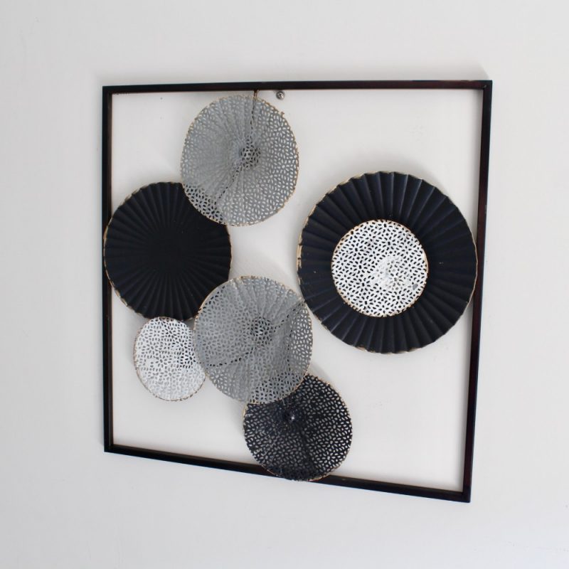 Black Abstract Monochrome Circles Framed Metal Wall Art