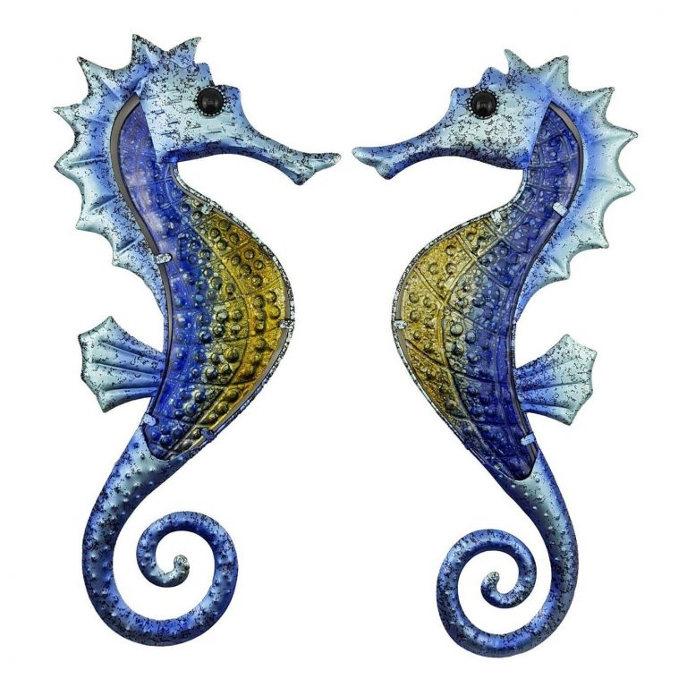 Set of 2 Blue Seahorse Metal Wall Art