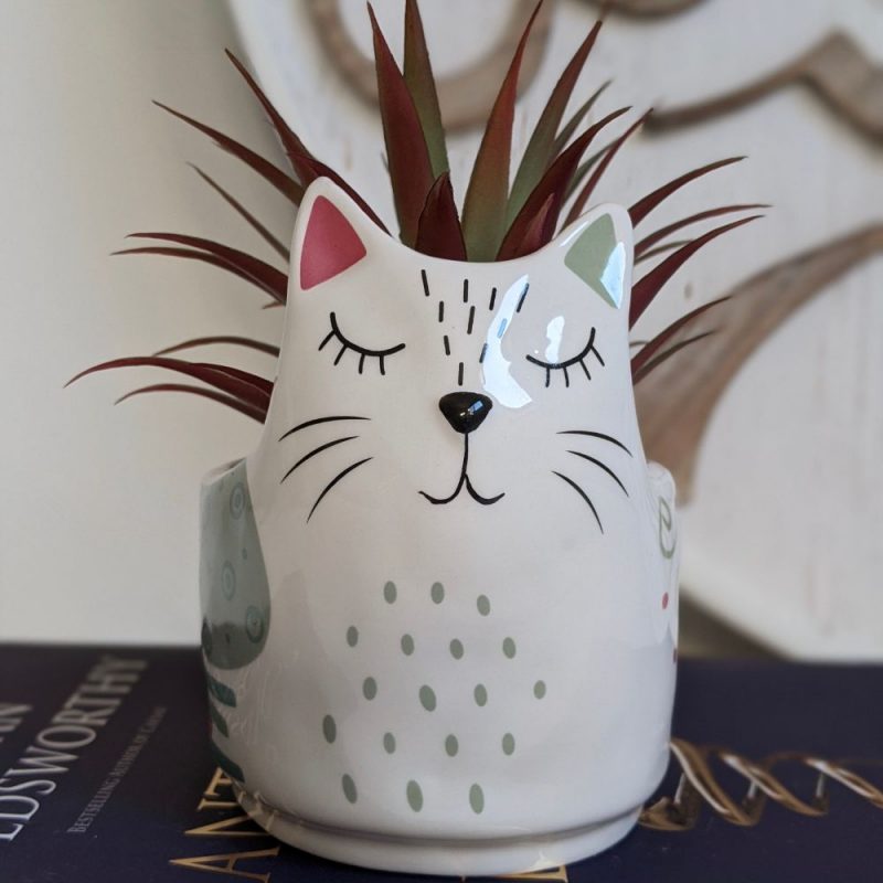White Ceramic Sleepy Cat Pot Planter