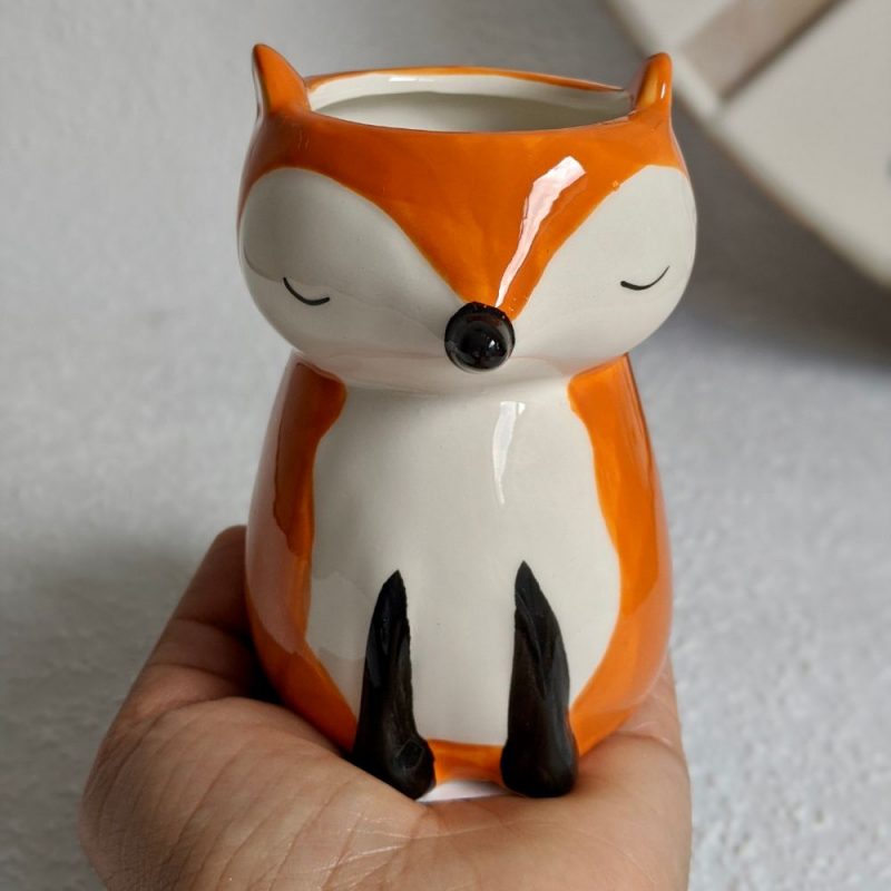 White Orange Ceramic Fox Pot Planter