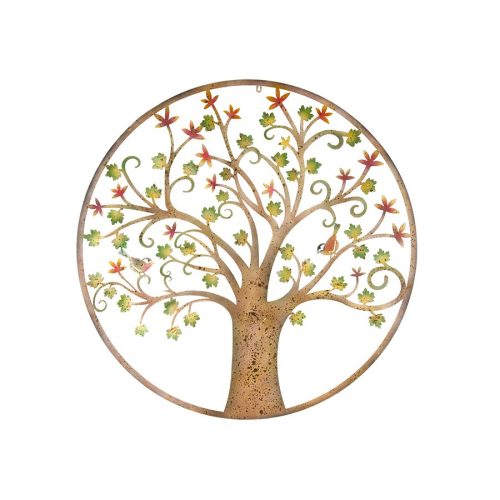 Colourful Birds on Tree Round Rustic Metal Wall Art