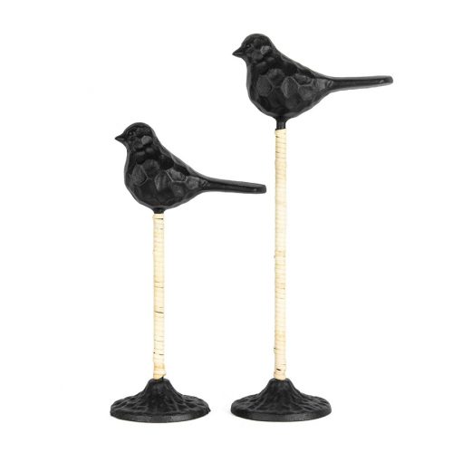 Stilted Black Metal Birds on Base Statue - Set of 2