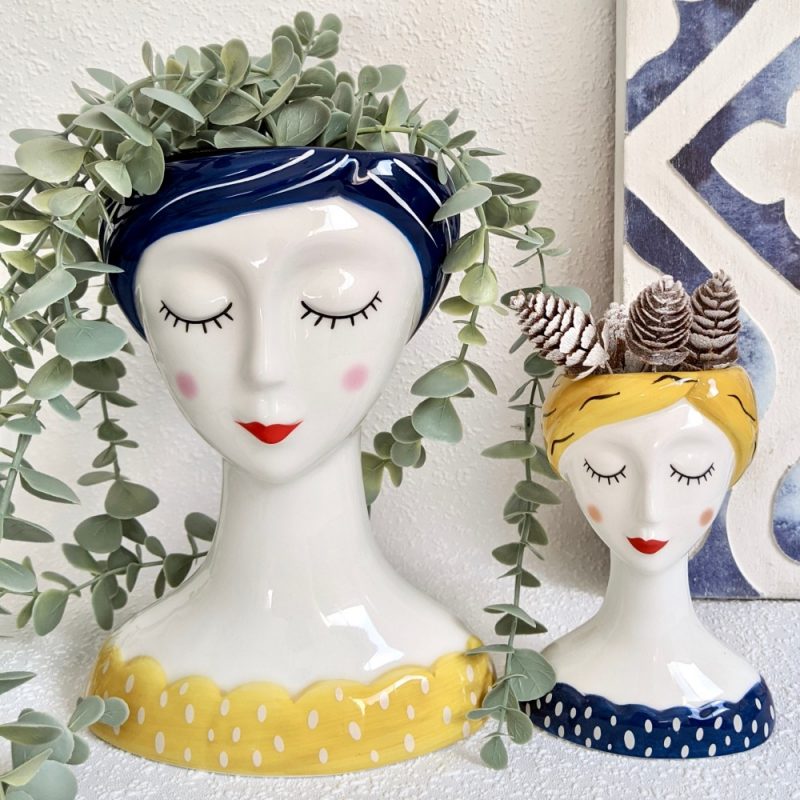 Blue Yellow Girl Face Head Ceramic Pot Planter