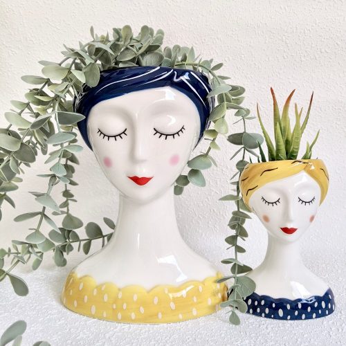 Blue Yellow Girl Face Head Ceramic Pot Planter