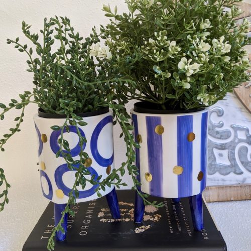 Set of 2 Blue Dots and Stripes Planter