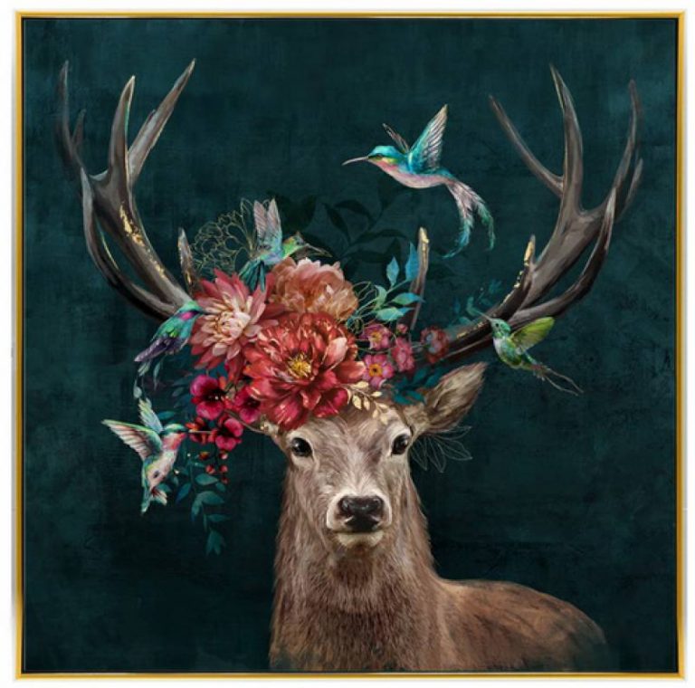 Floral Deer Head Birds Framed Canvas Wall Art | Dalisay
