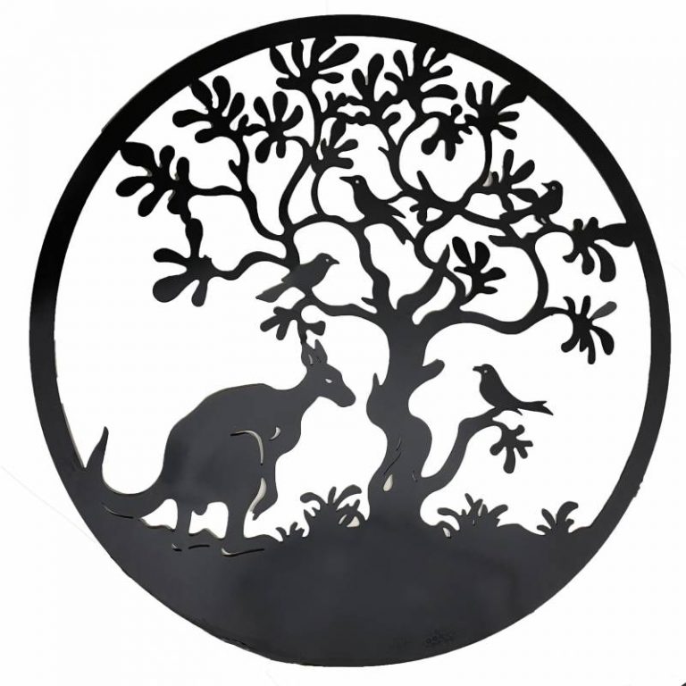 Round Kangaroo Bird under Tree Black Metal Wall Art