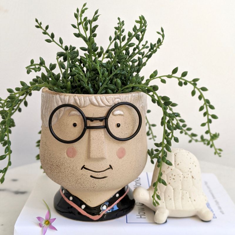 Grandma with Glasses Face Head Concrete Pot Planter