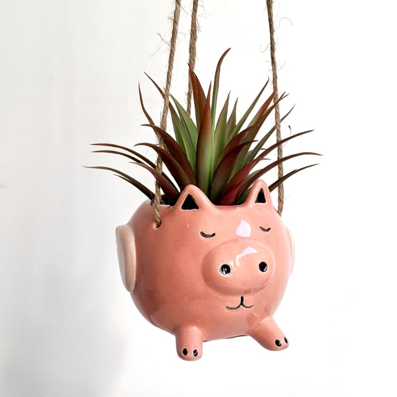 Pink Flying Pig Ceramic Hanging Pot Planter