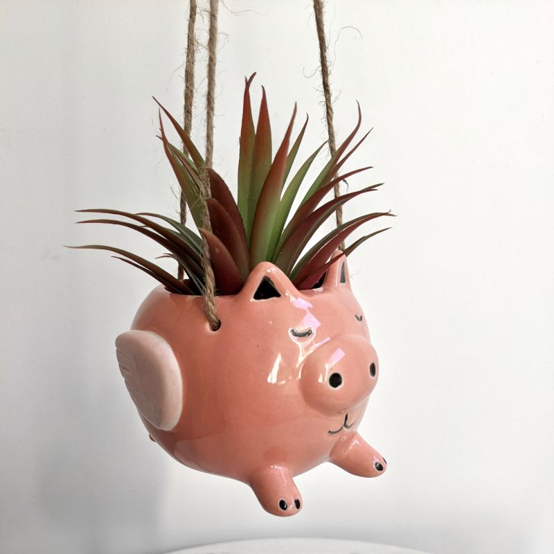 Pink Flying Pig Ceramic Hanging Pot Planter