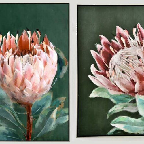 Pink Green Protea Flower Framed Canvas Wall Art