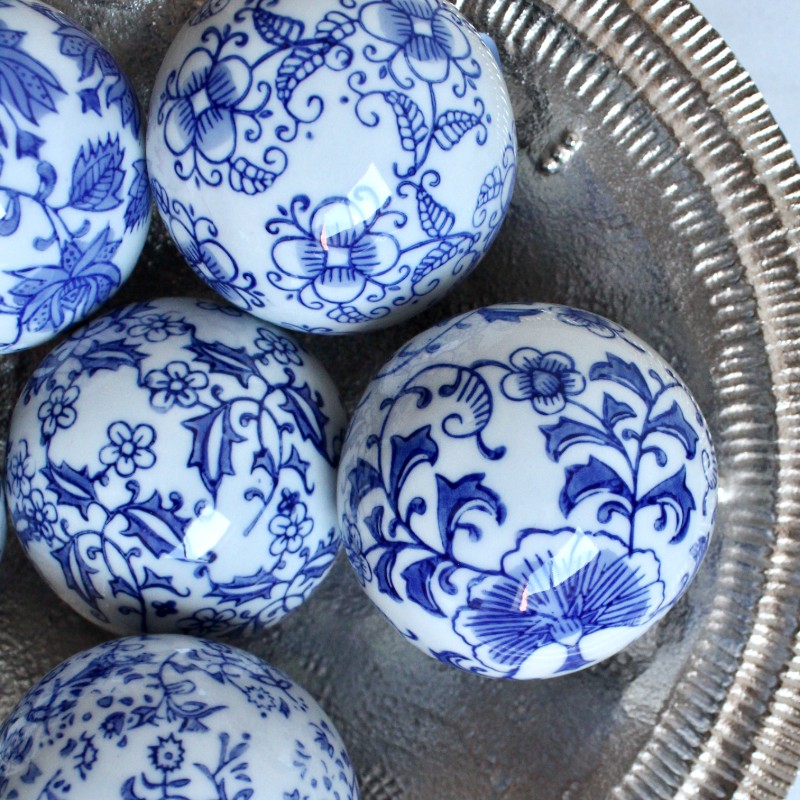 Hamptons Blue Floral Ceramic Decorative Balls - Set of 6
