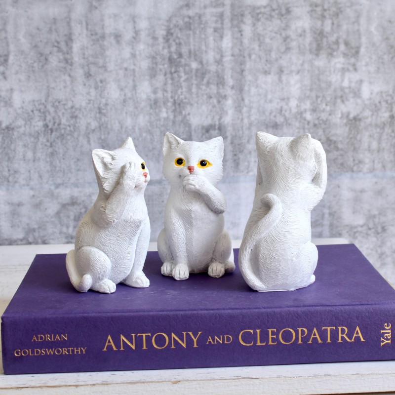 No Evil See Hear Speak White Cats Statue - Set of 3
