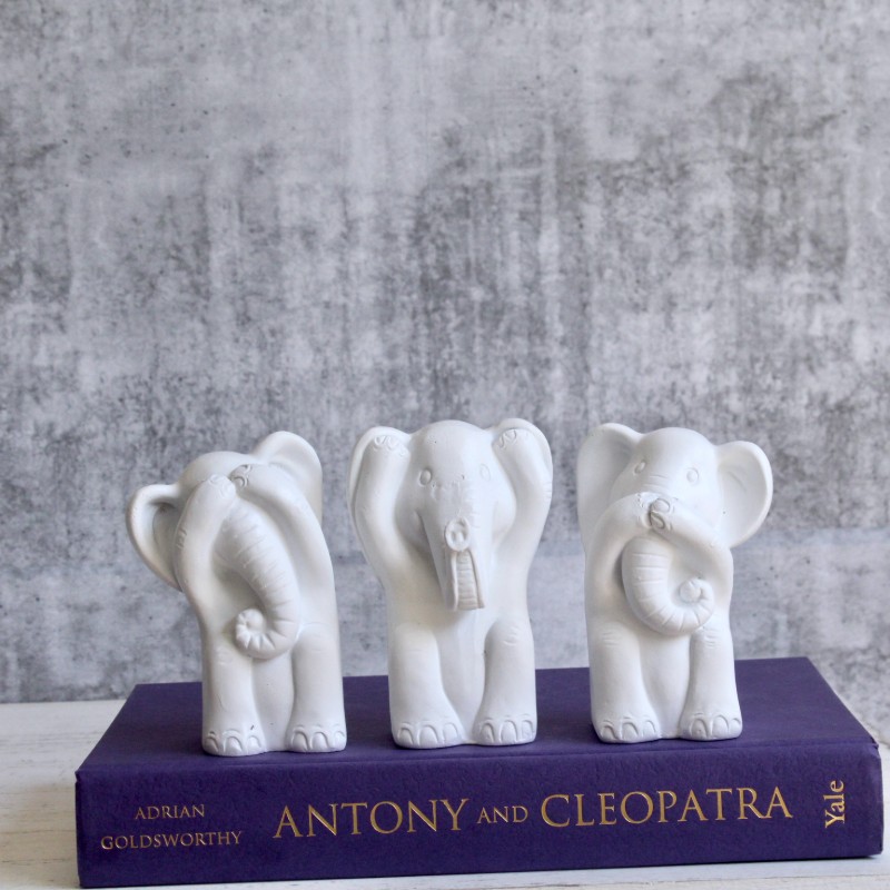 No Evil See Hear Speak White Elephants Statue - Set of 3