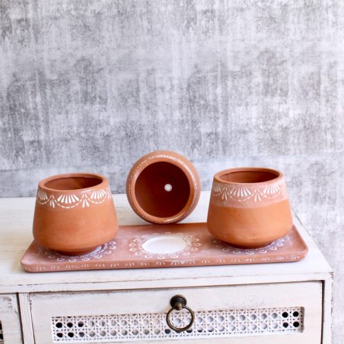 Terracotta Triple Herb Planter With Tray