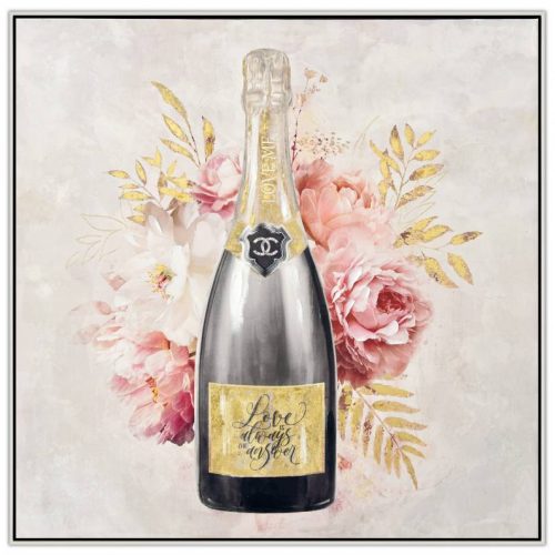Floral Champagne Bottle Framed Canvas