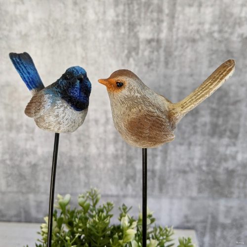 Blue Brown Wren Bird Pot Sitters On Stick- Set of 2