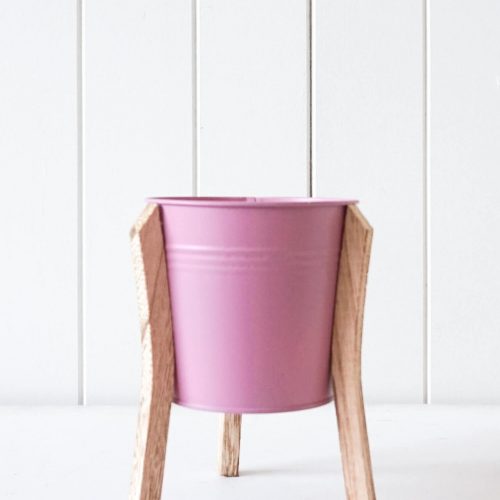 Pink Tin Pot Planter With Timber Legs - Set of 2