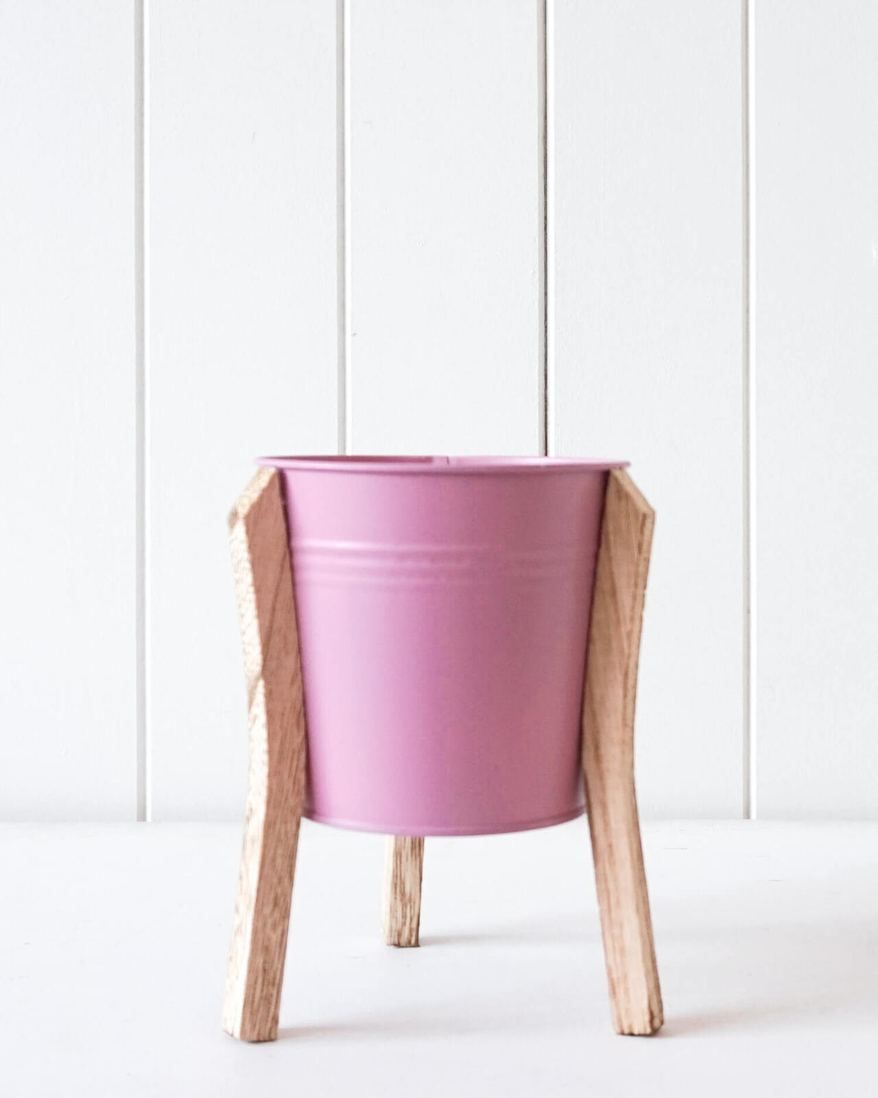 Pink Tin Pot Planter With Timber Legs - Set of 2