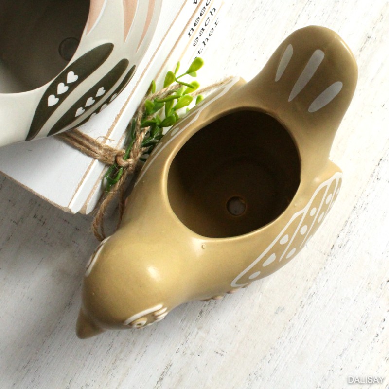 White Tan Bird Ceramic Planter Pot