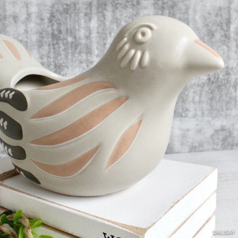 White Tan Bird Ceramic Planter Pot