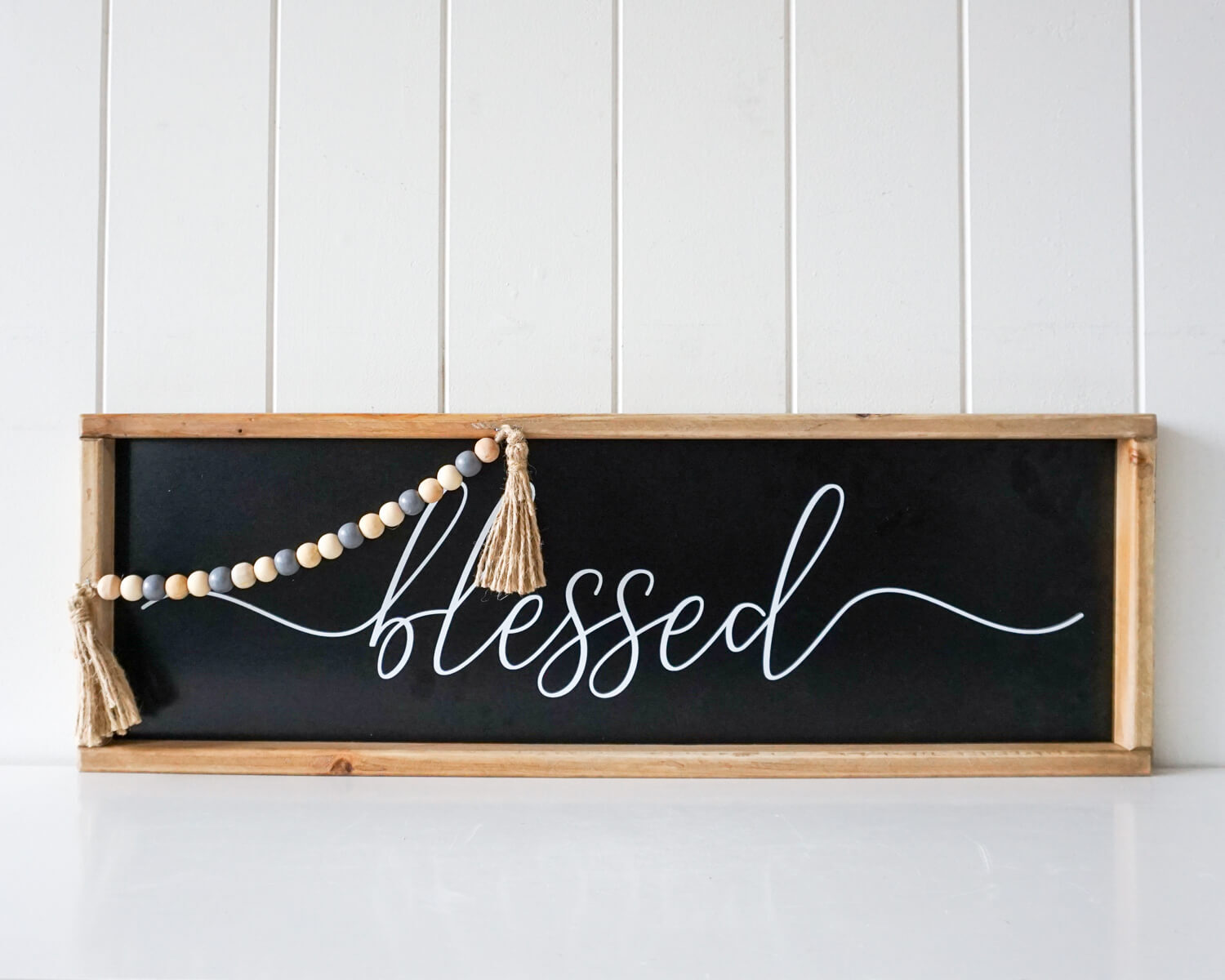 Black Blessed Quote Farmhouse Sign Timber Wall Art, 60cm