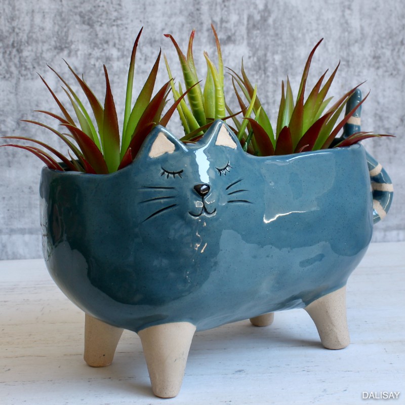 Long Blue Cat with Tail Planter Pot