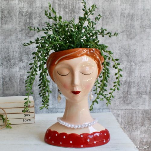 Maroon Teal Necklace Girl Face Head Ceramic Pot Planter