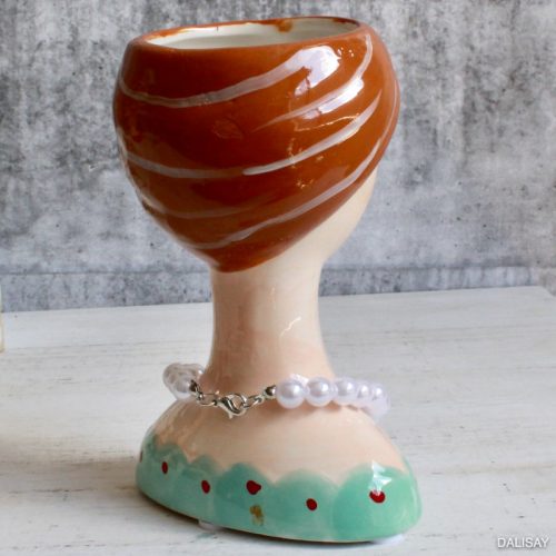Maroon Teal Necklace Girl Face Head Ceramic Pot Planter
