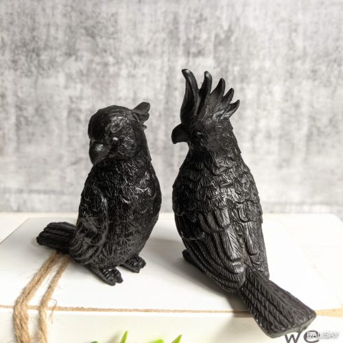 Set of 2 Black Cockatoo Bird Sculpture Figurine