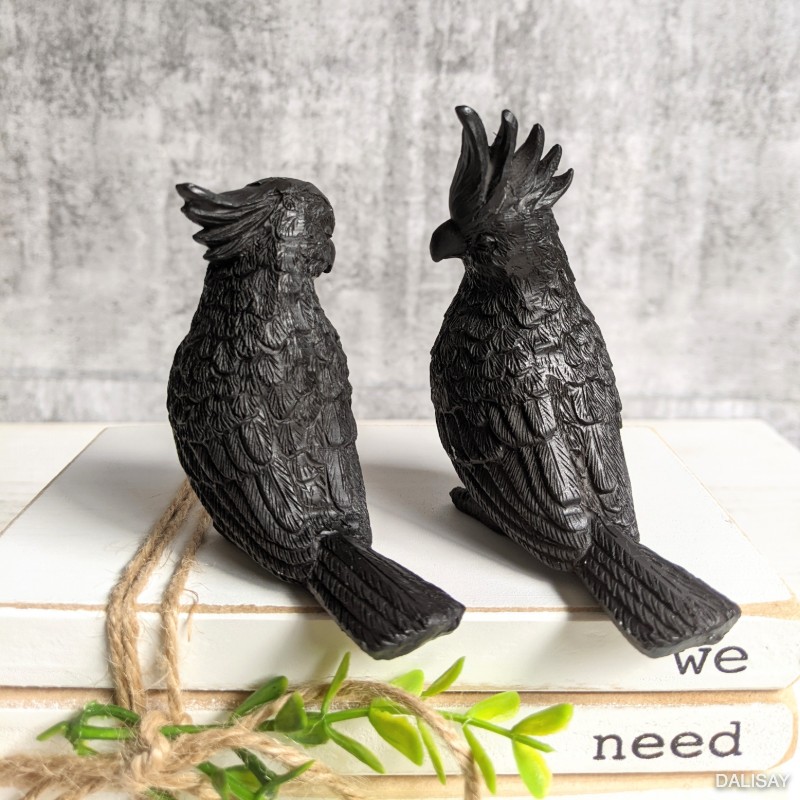 Set of 2 Black Cockatoo Bird Sculpture Figurine