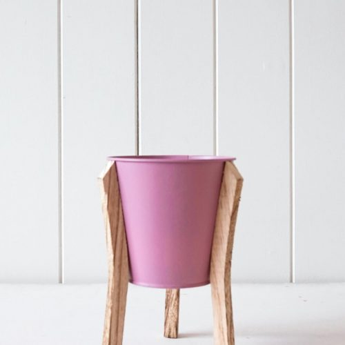 Blush Pink Tin Pot Planter With Timber Legs - Set of 2