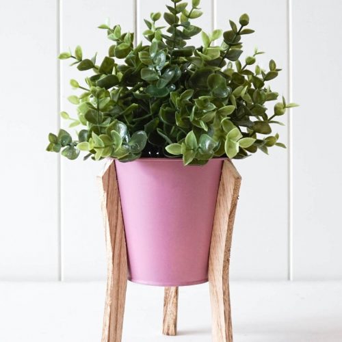 Blush Pink Tin Pot Planter With Timber Legs - Set of 2