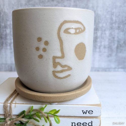 Abstract Face Planter Pot with Saucer