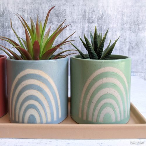 Blue Green Red Rainbow Planter Set with Tray