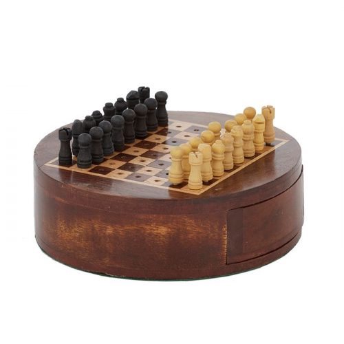 Round Chess Board with Wooden Drawer Storage