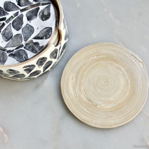 Set of 5 Grey Ivory Inlay Coasters with Caddy
