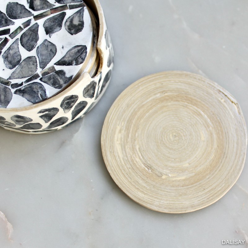 Set of 5 Grey Ivory Inlay Coasters with Caddy