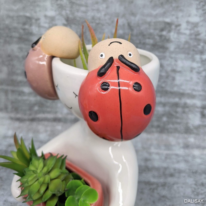 Pink Red Lady Bug Ceramic Pot Planter Sitter