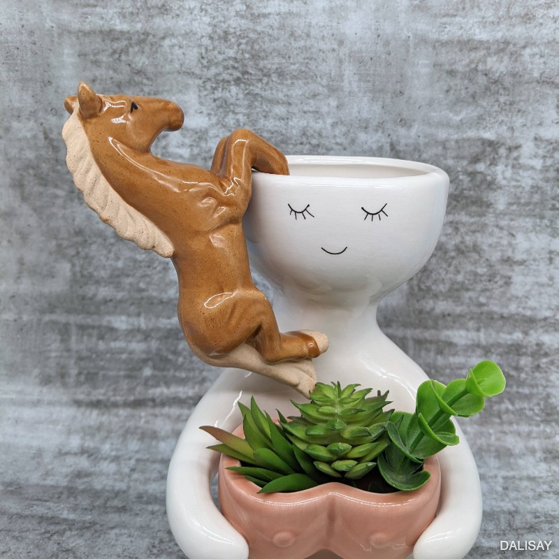 Brown White Horse Ceramic Pot Planter Sitter